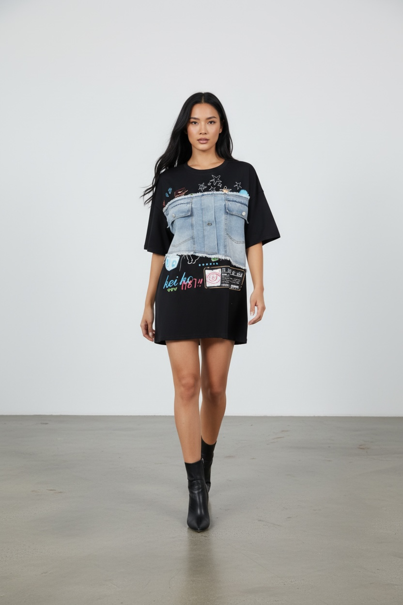 Denim Panel Graphic T-Shirt Dress