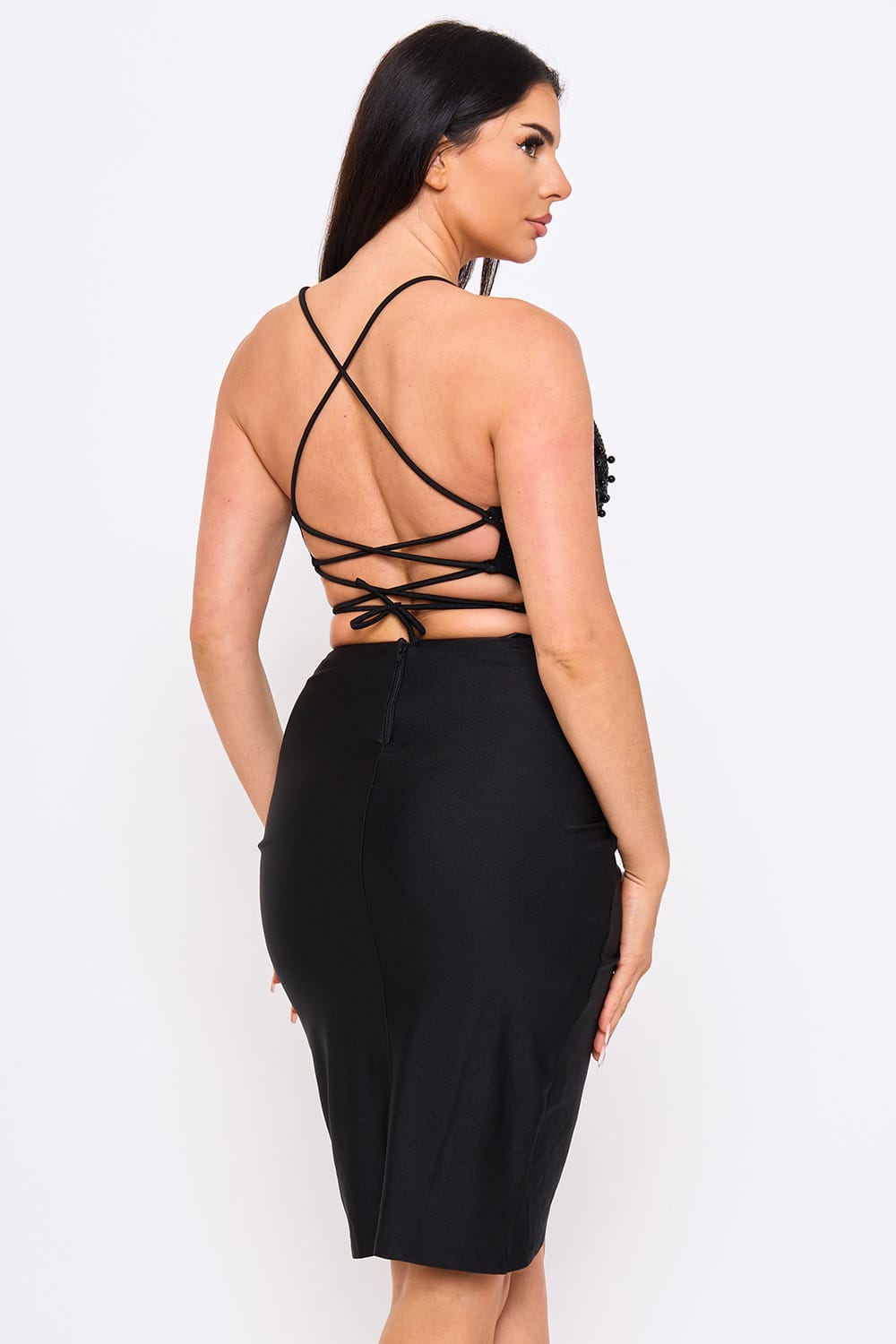 Obsidian Muse Embellished Mide Dress - Black