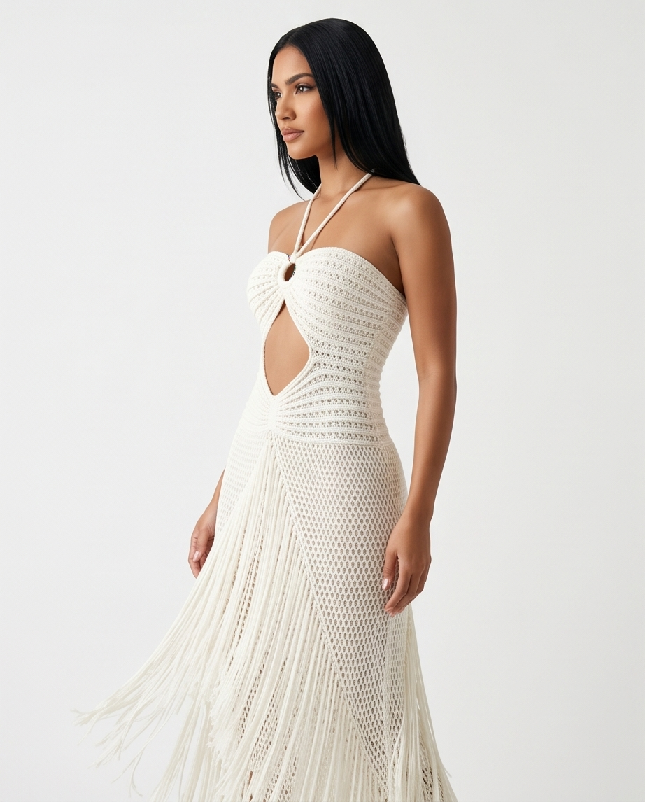 Ivory Fringe Crochet Dress - Backless & Cut-Out Maxi