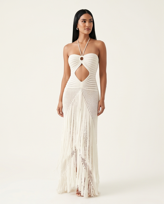 Ivory Fringe Crochet Dress - Backless & Cut-Out Maxi