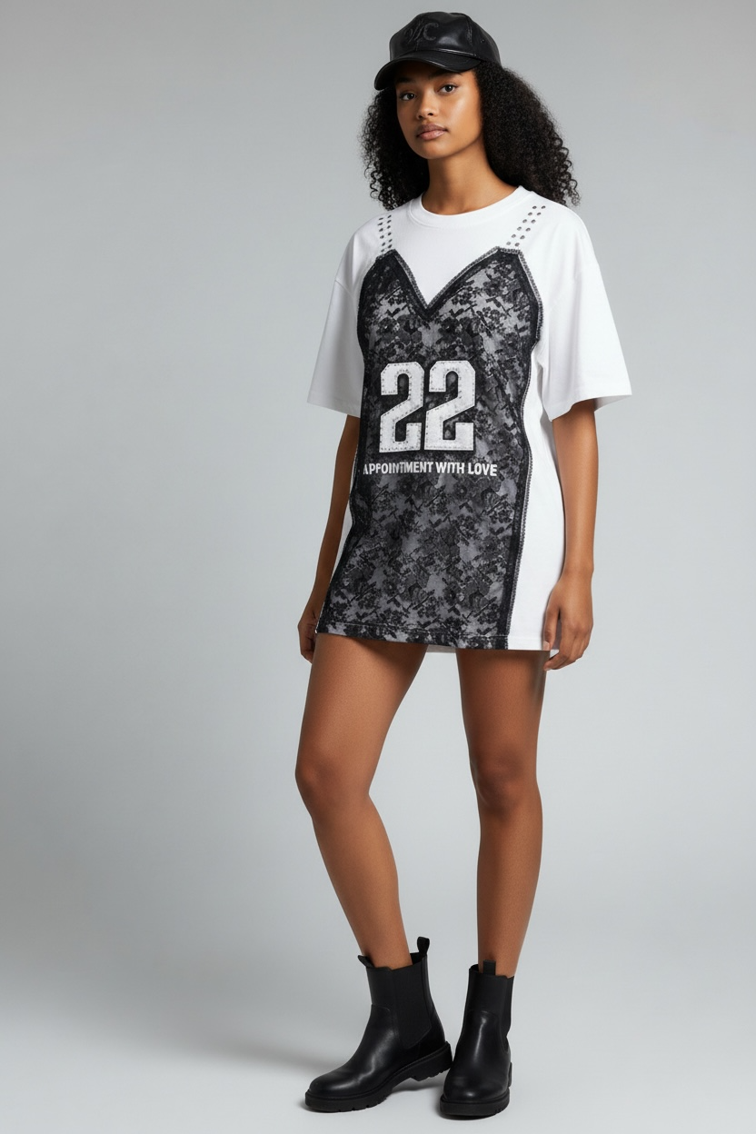 22 Lace Layered T-Shirt  – Black & White