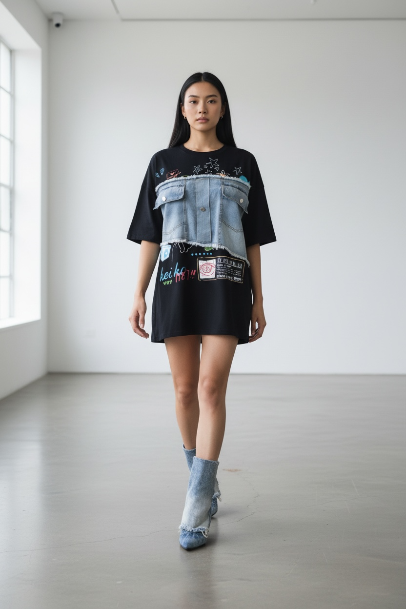 Denim Panel Graphic T-Shirt Dress
