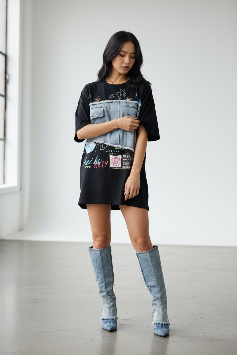 Denim Panel Graphic T-Shirt Dress
