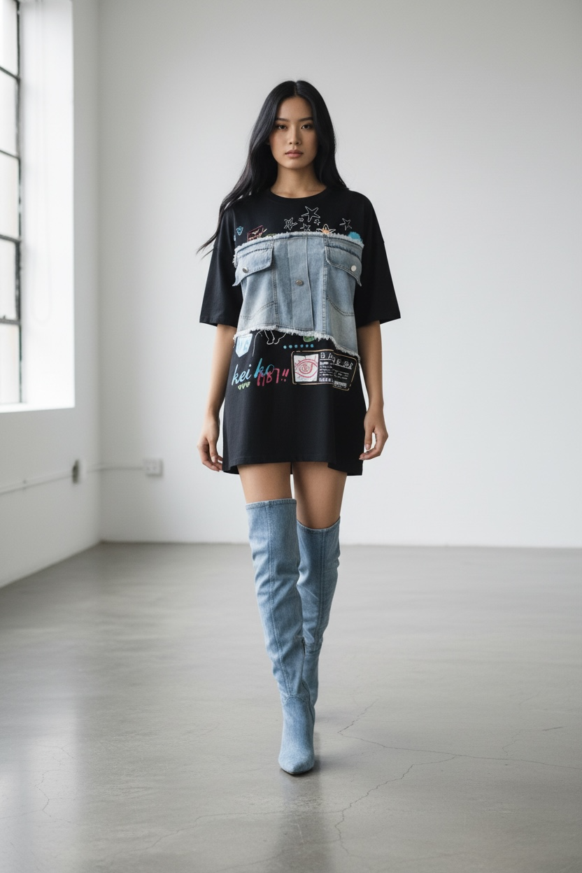 Denim Panel Graphic T-Shirt Dress