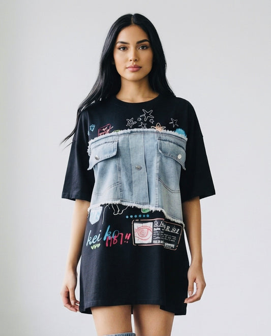Denim Panel Graphic T-Shirt