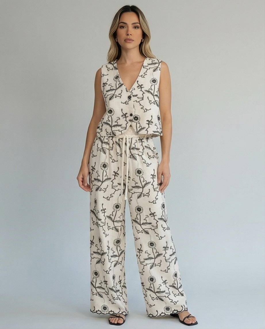 Floral Linen Vest & Wide-Leg Pants Set