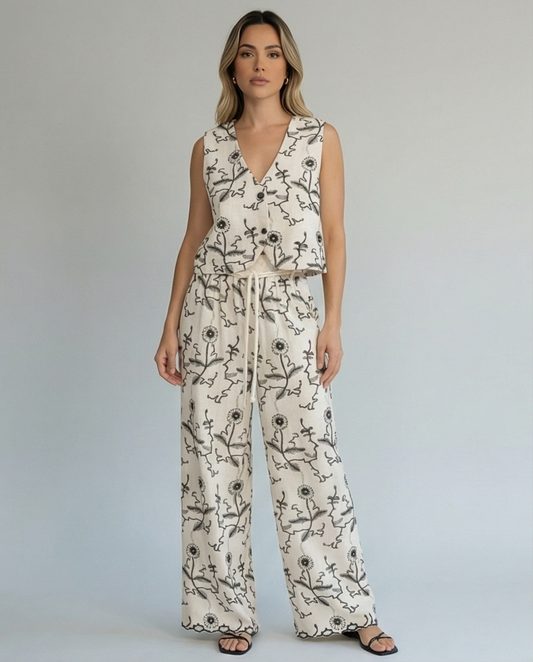 Floral Linen Vest & Wide-Leg Pants Set