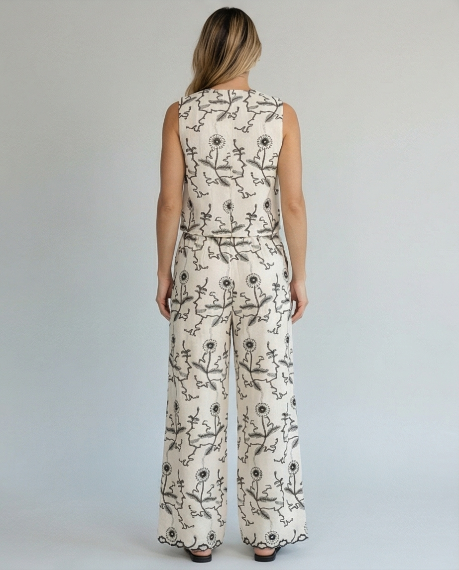 Floral Linen Vest & Wide-Leg Pants Set