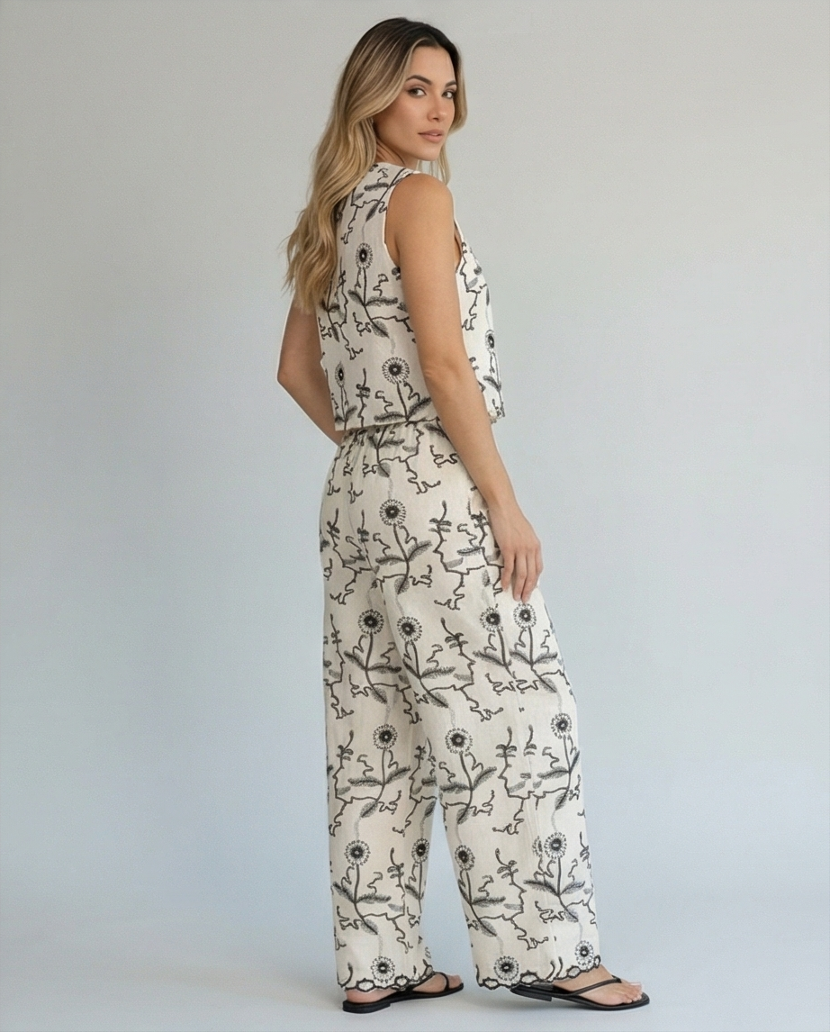 Floral Linen Vest & Wide-Leg Pants Set