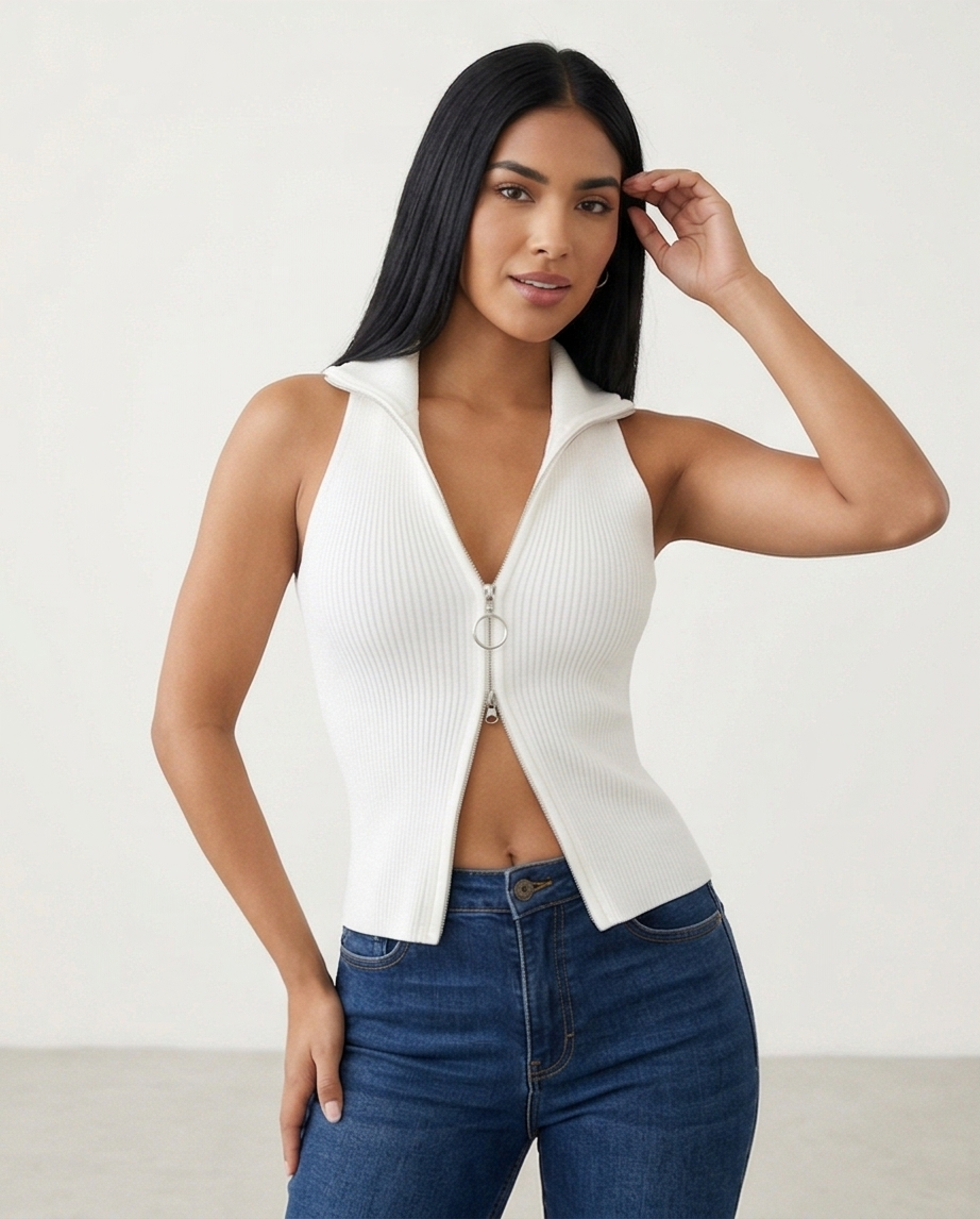 Sculpt Zip Halter Knit Top