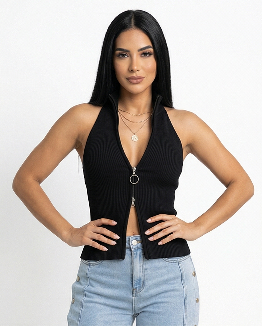 Sculpt Zip Halter Knit Top