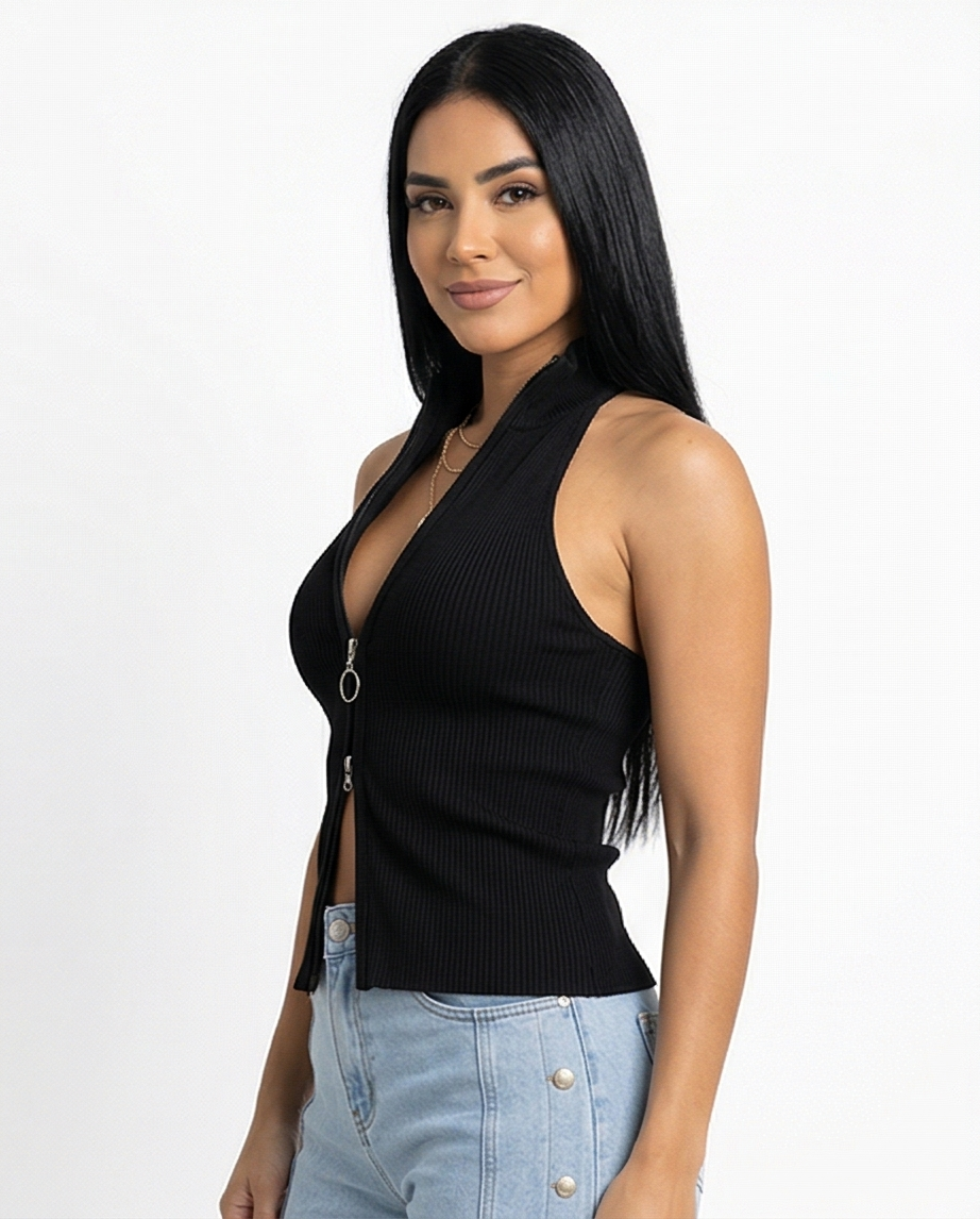 Sculpt Zip Halter Knit Top