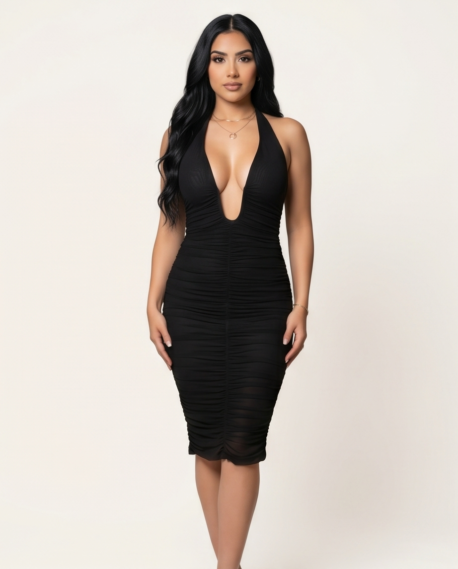 Midnight Desire Ruched Midi Dress