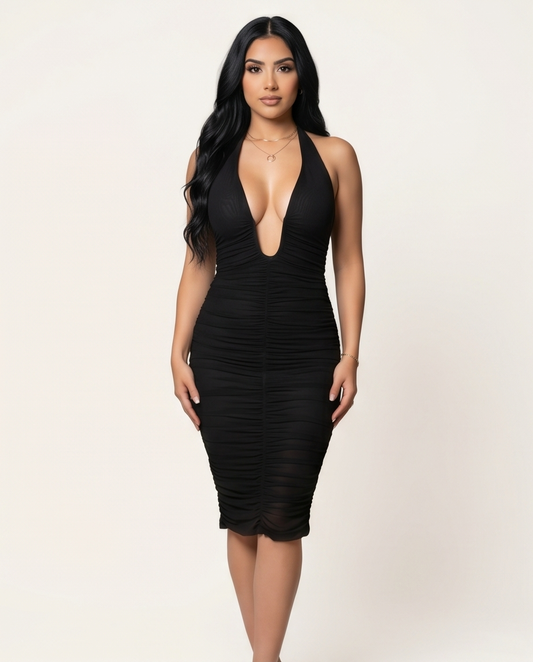 Midnight Desire Ruched Midi Dress