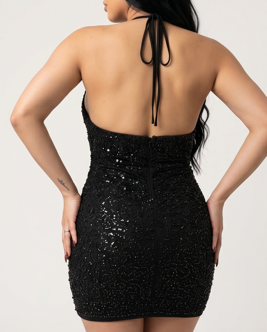 Black Sparkle Halter Mini Dress