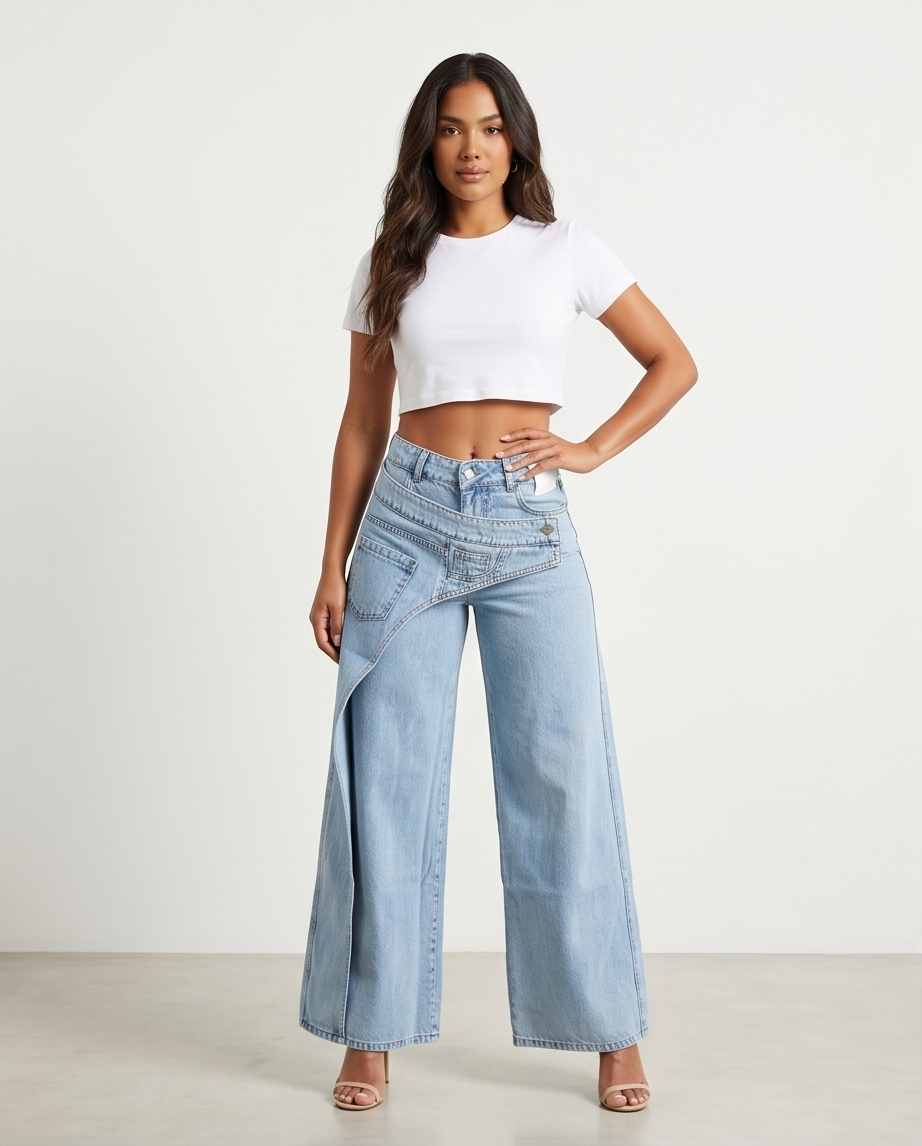 Asymmetrical Layered Wide-Leg Jeans