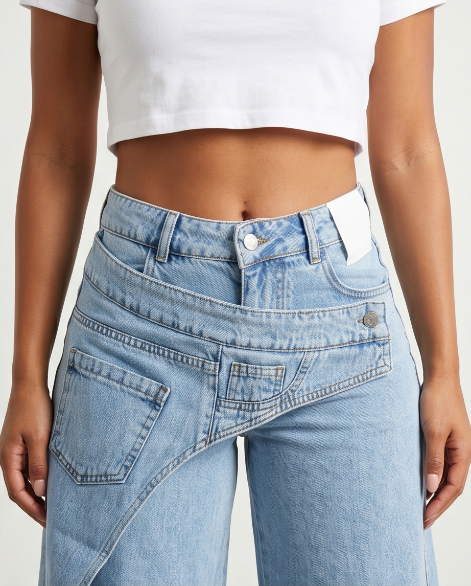 Asymmetrical Layered Wide-Leg Jeans