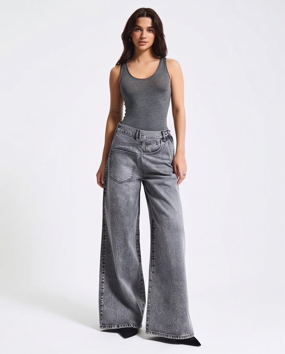 Ash Wide Leg Jeans - Acid Wash Gray