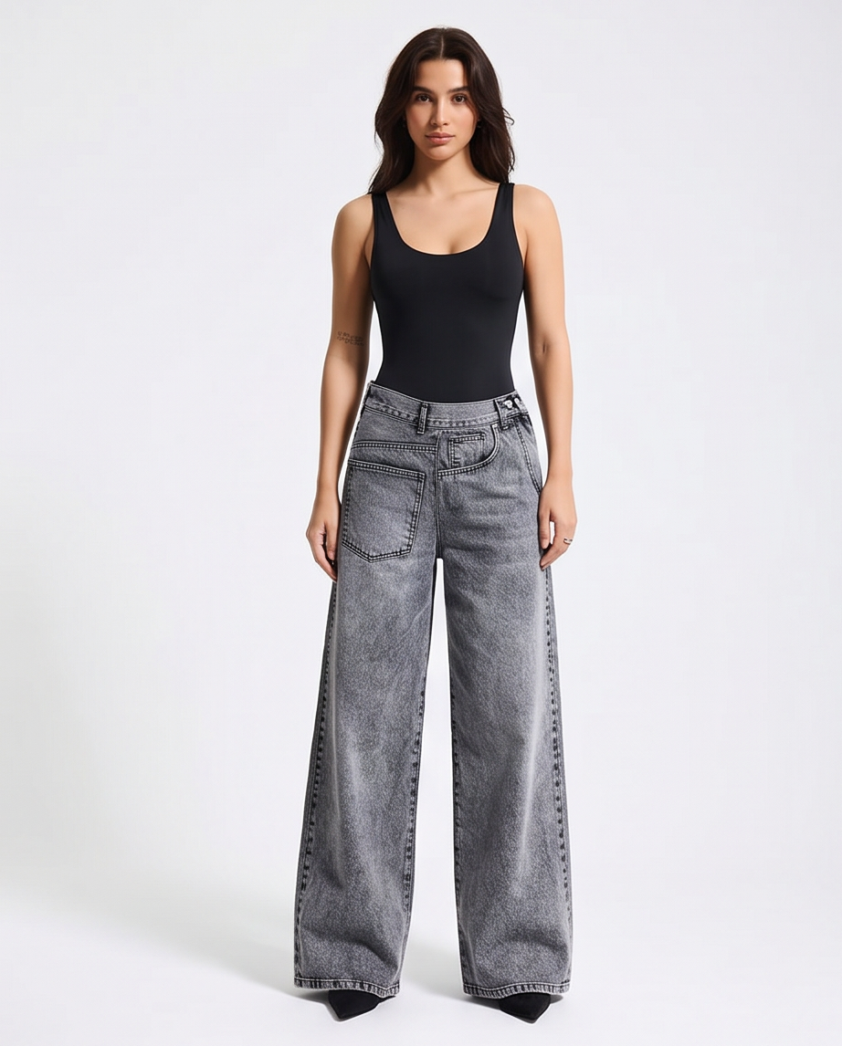 Ash Wide Leg Jeans - Acid Wash Gray