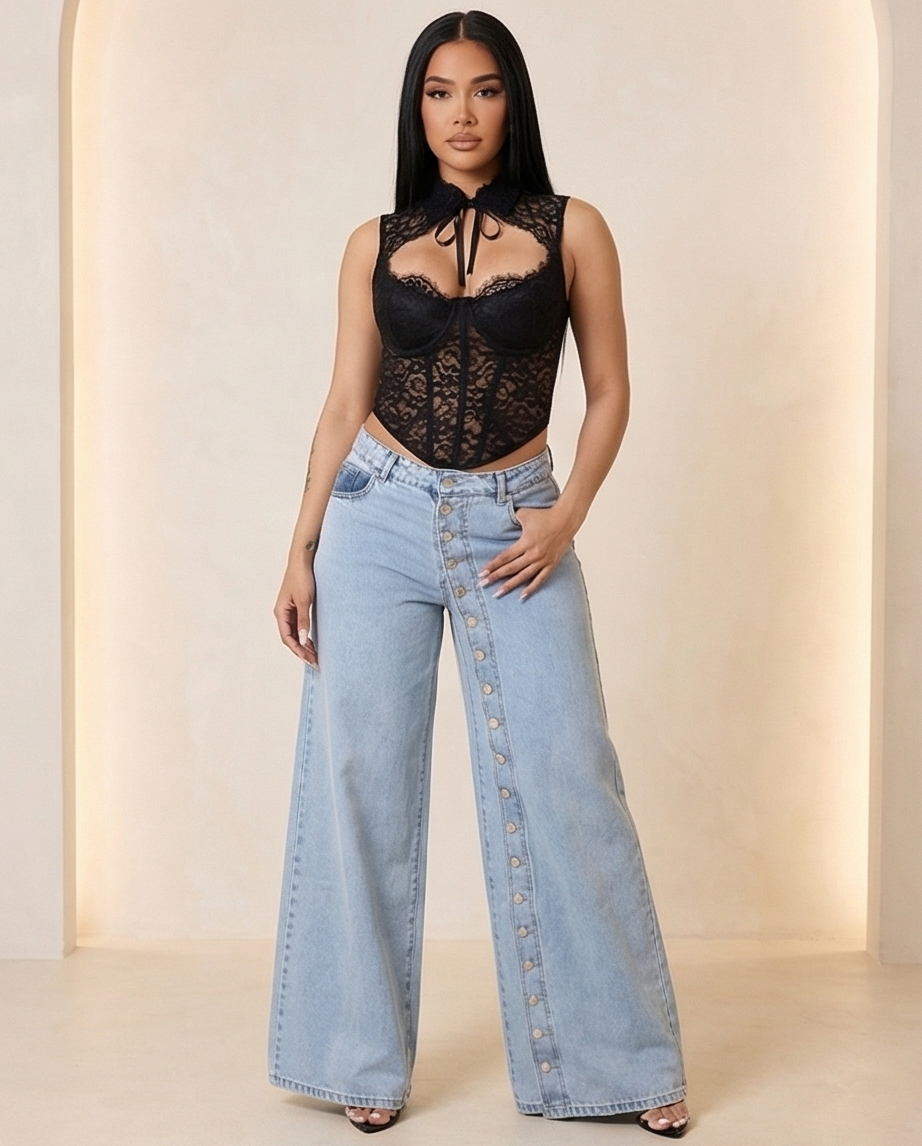 Side Button Wide-Leg Dinim Jeans