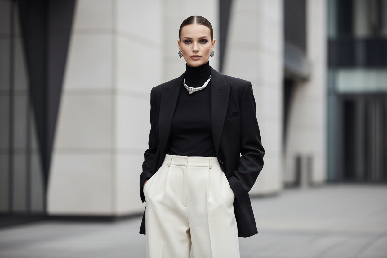 imagen premium solo de mujer ,minimalista con un toque moderno ,elegante y urbano 