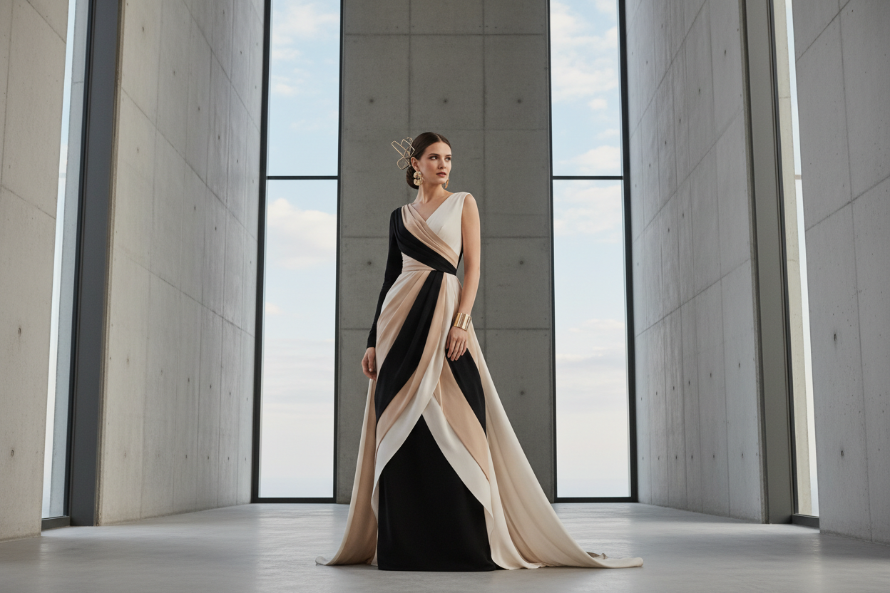 luxury fashion editorial photo of an elegant woman , full head visible with extra space above ,minimalist  background , neutral tones black, beige,ivory, modern architecture ,high and brand style ,soft lighting ,clean composition 